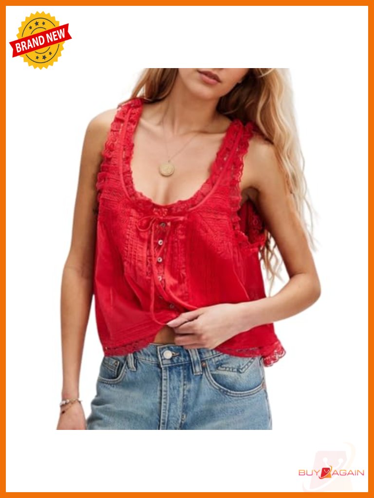 Sleeveless Ruffled Lace Trim Chiffon Crop Top Scoop Neck Button Down Front Tie